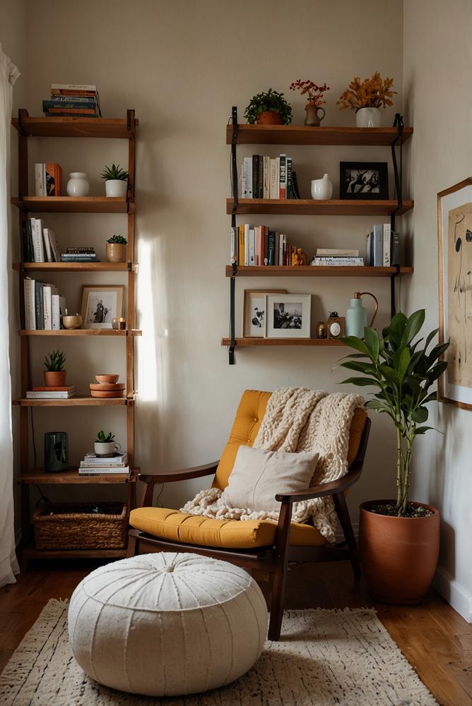 Helle gemütliche Leseecke mit warmen Dekoelementen