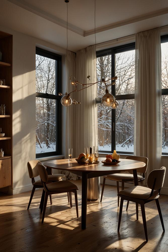 Helle winterliche Esszimmer-Ecke mit Lautsprechern und Kerzen