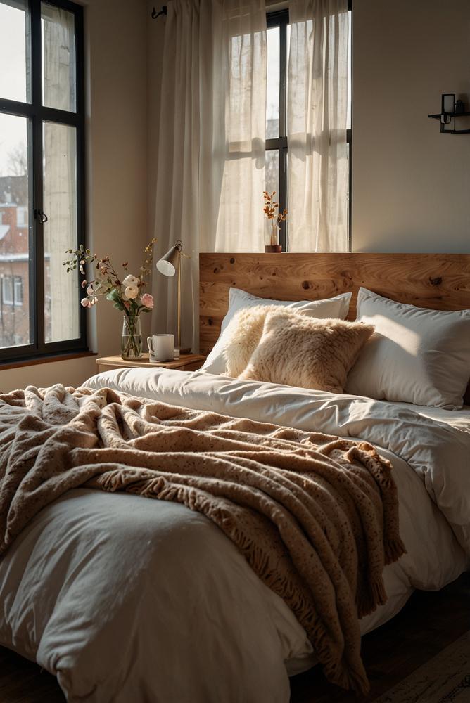 Gemütliches Schlafzimmer mit warmen Weihnachtslichterketten