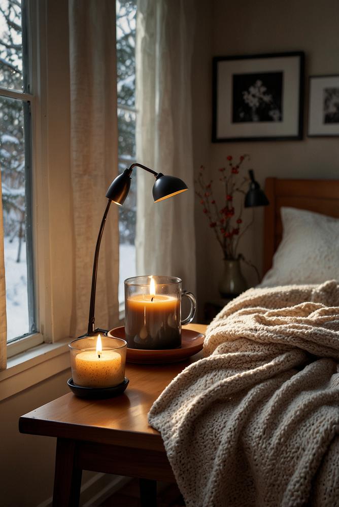 Helle und gemütliche Schreibtischdeko mit Wärmflasche und Kerze