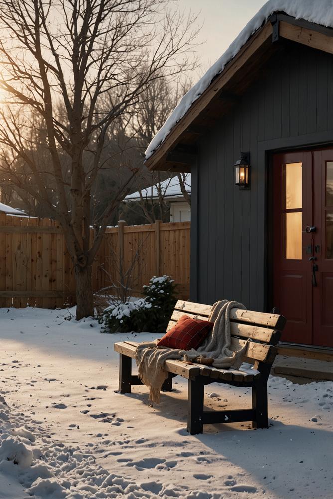 Gemütliche Sitzbank mit Plaid vor winterlicher Haustür