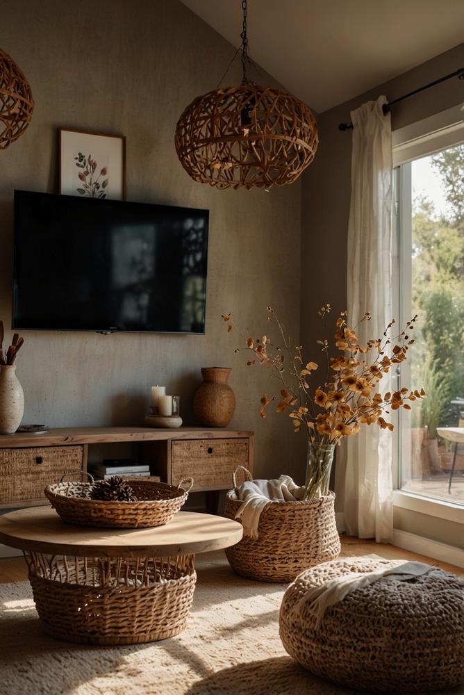 Gemütliche TV-Ecke mit warmem Licht und Deckenkorb