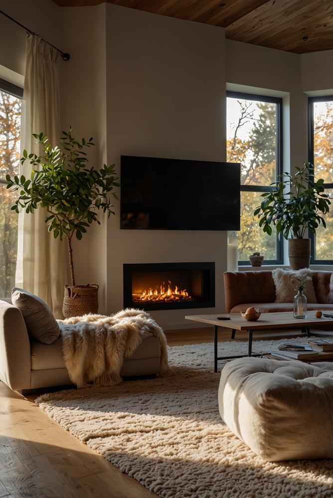 Gemütliche TV-Ecke mit warmem Licht und Decken im Wohnzimmer