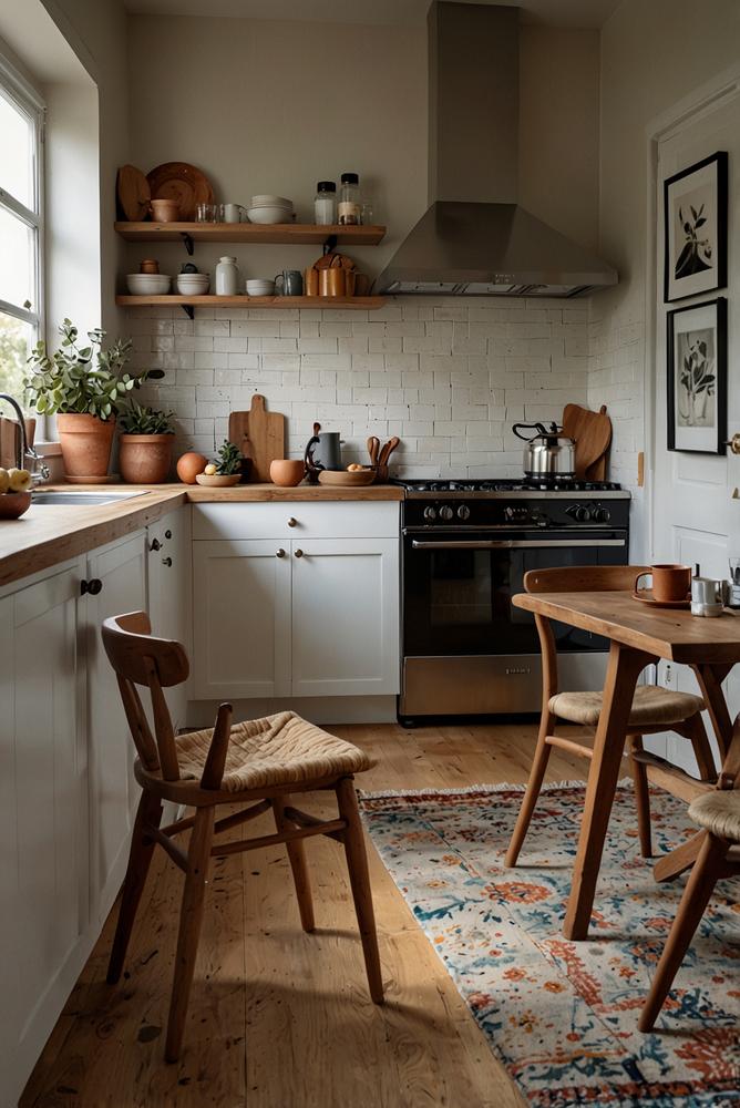 Helle Küche mit warmen Teppichen und Sitzkissen im Winter