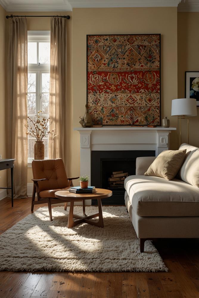 Gemütlich dekorierte, helle Wohnraumwände im Winter