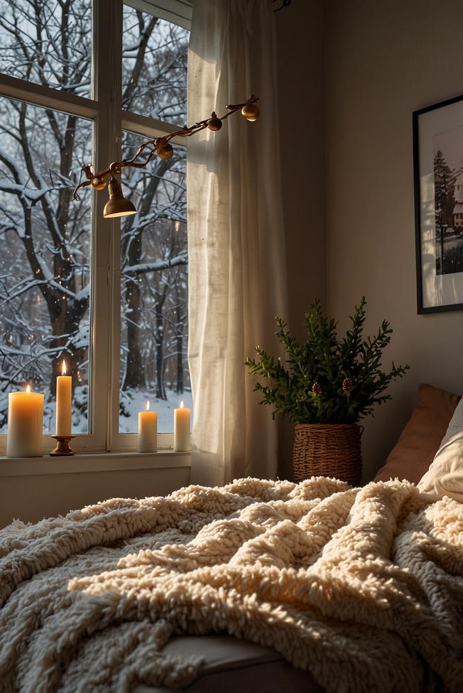 Gemütlicher Fensterbank-Sitzplatz mit Decke und Kerze im Winter