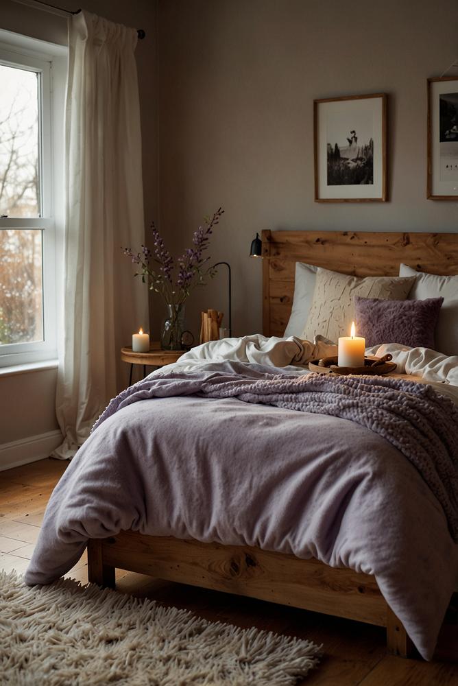 Gemütliches Schlafzimmer mit Aromatherapie und Kerzen im Winter