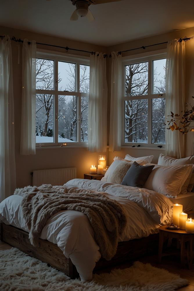 Gemütliches Schlafzimmer mit LED-Kerzen und warmem Licht
