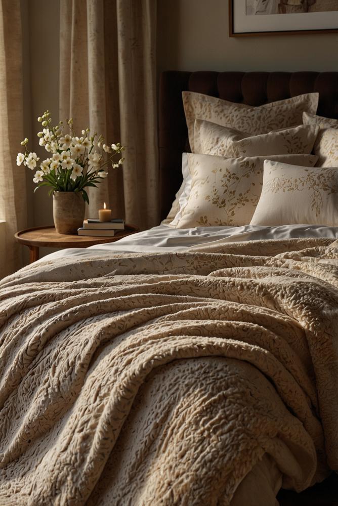 Gemütliches Schlafzimmer mit mehrlagiger Bettwäsche im Winter