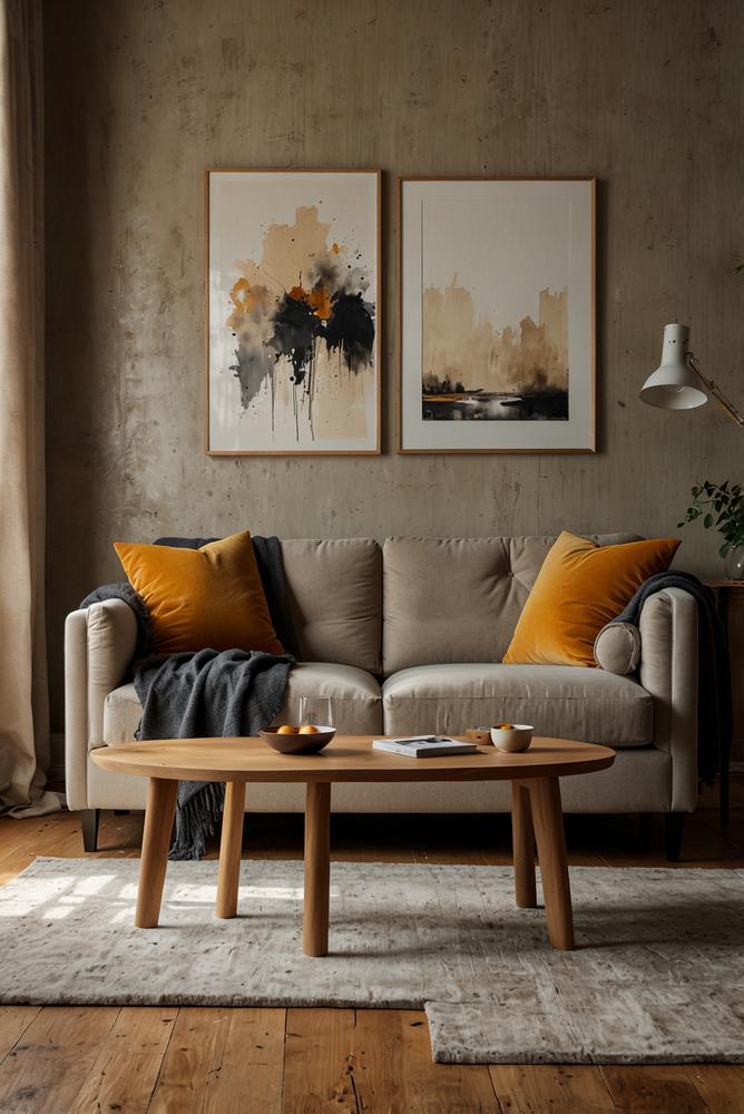 Wohnzimmer mit Samt, Wolle und Holz gemütlich im Winter