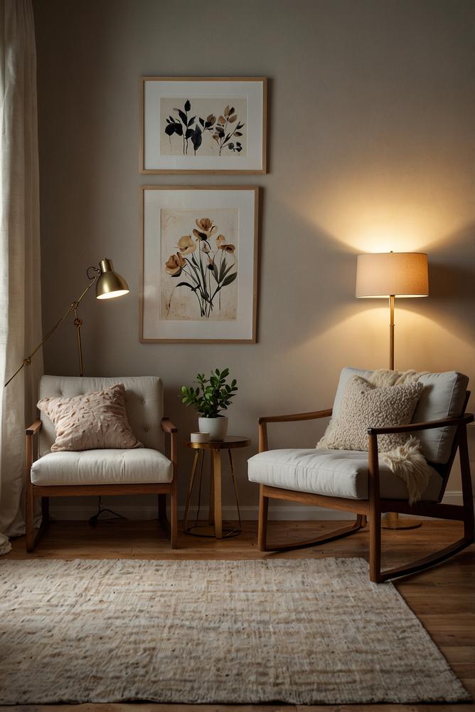 Gemütliches Wohnzimmer mit beleuchteten Wanddekorationen im Winter