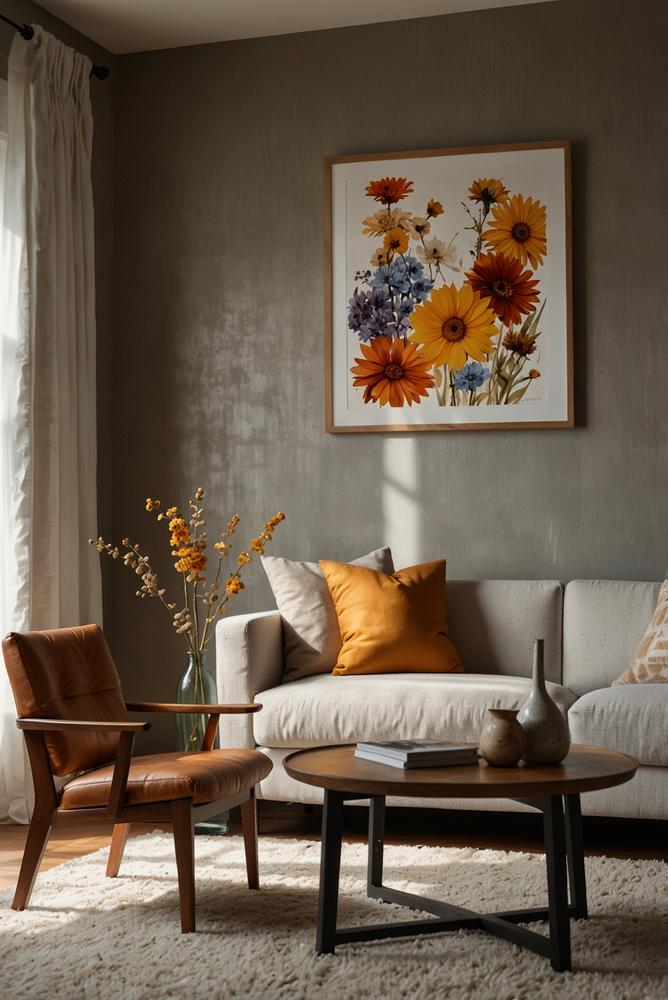 Helles gerahmtes Trockenblumen Wandbild im modernen Raum