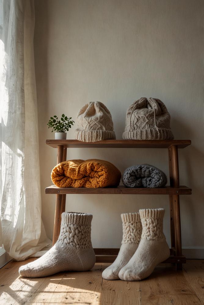 Helle, kuschelige gestrickte Socken und Mützen im Sonnenlicht