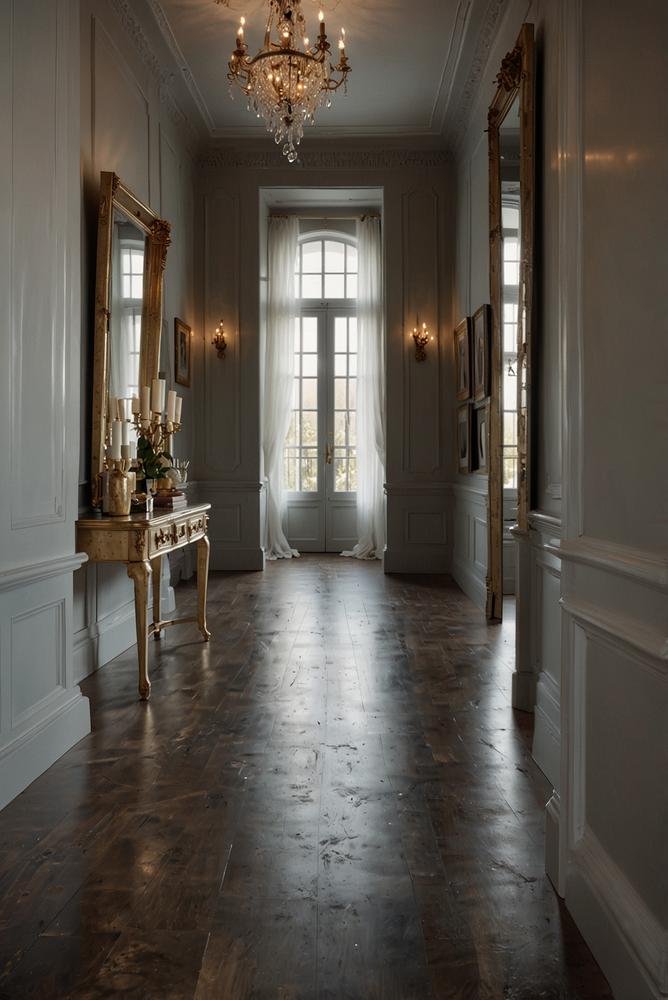 Heller Flur mit silbernen und goldenen Spiegelrahmen