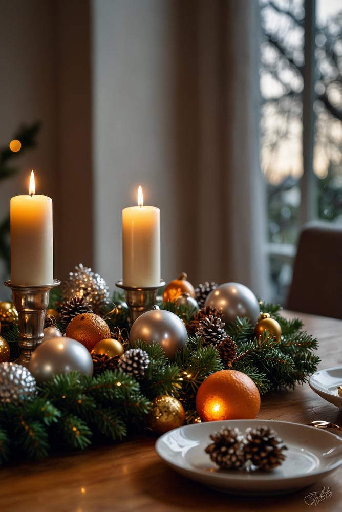 Glamouröser Adventskranz in Silber und Gold auf Esstisch