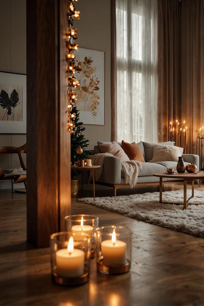 Winterdeko mit gold- und kupferfarbenen Lichterketten und Kerzen