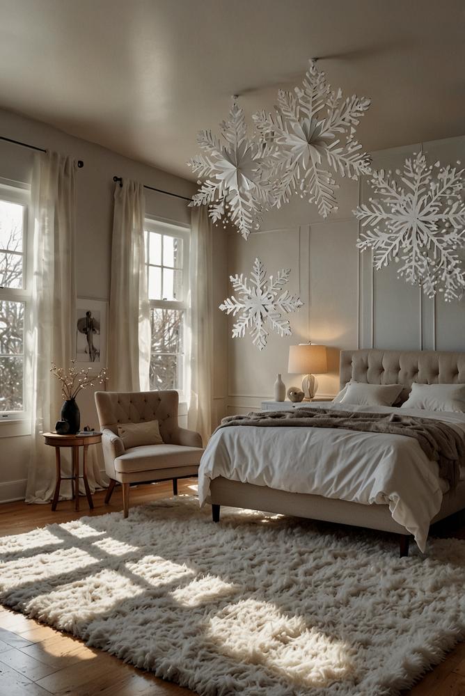 Große Papier-Schneeflocken als Winterdeko hell und freundlich