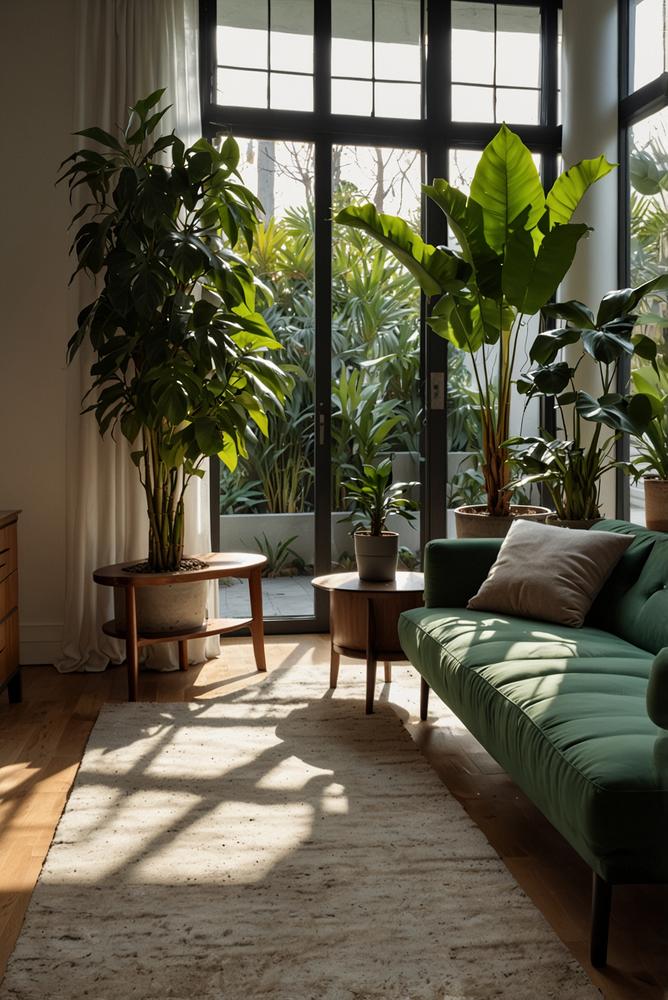 Helle wohnung mit grünen pflanzen im winter