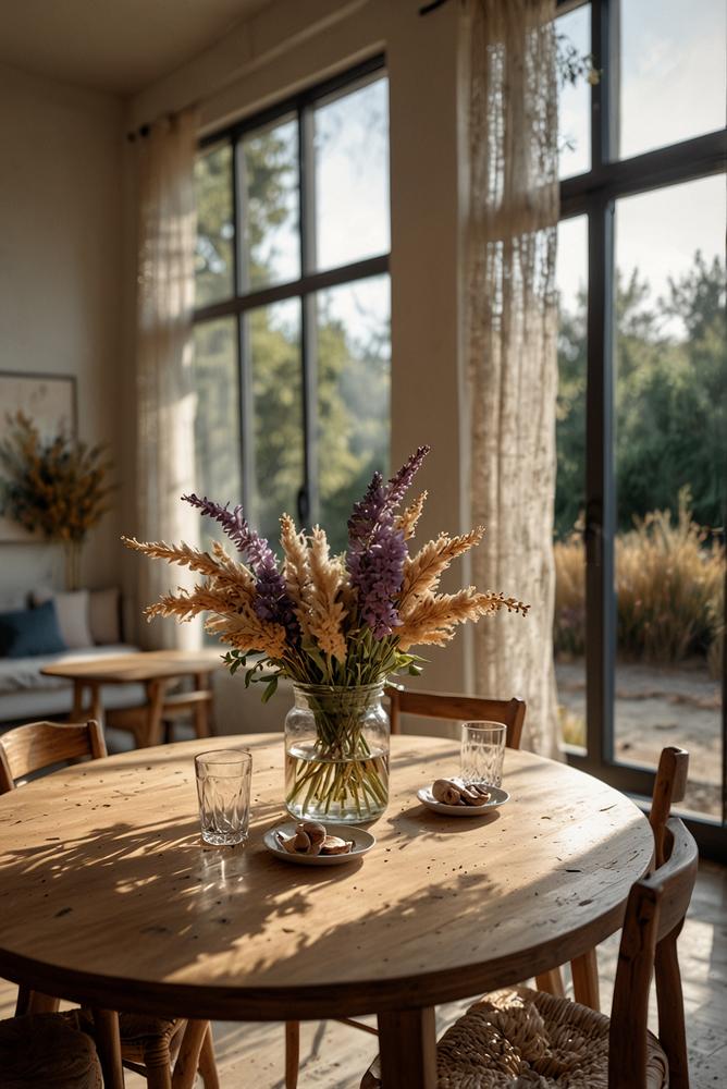Helle, moderne Esszimmerdeko mit hängenden Trockenblumen
