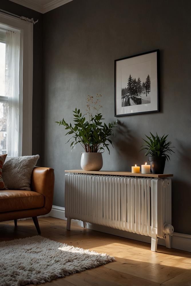 Heizkoerperverkleidung mit Ablage in hellem, warmem Raum