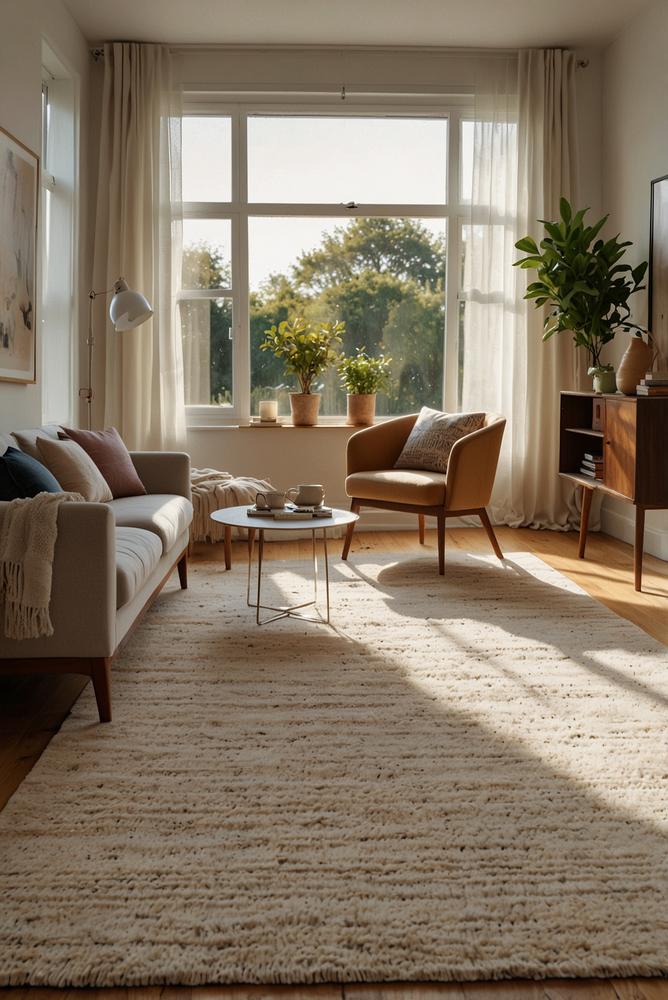 Heller Teppich und warmes Holz im Wohnzimmer