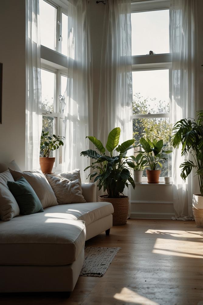 Helle Vorhänge und Fensterbank-Deko für mehr Licht