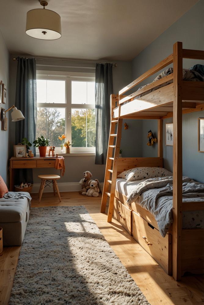 Modernes helles Hochbett mit Rutsche im Kinderzimmer