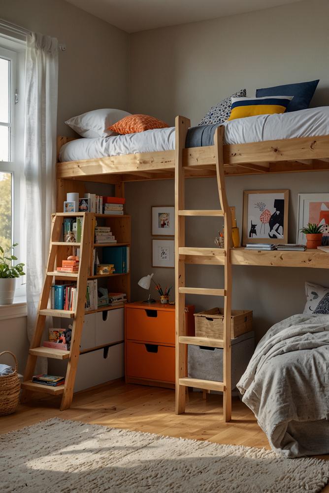 Helles Kinderzimmer mit Hochbett und Schreibtisch darunter