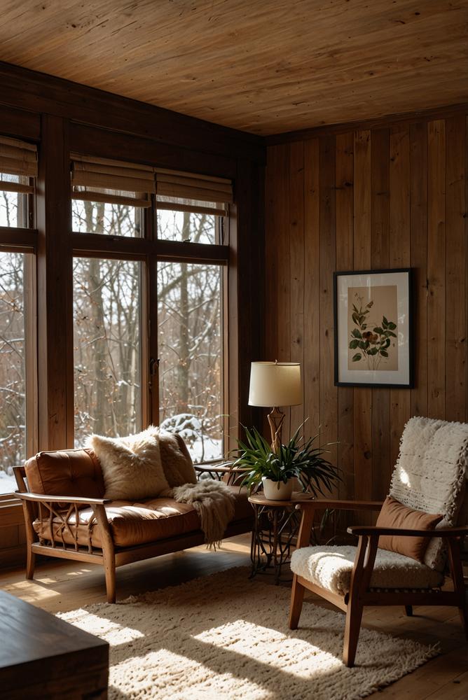 Warmer Wohnraum mit Holz- und Naturakzenten im Winter