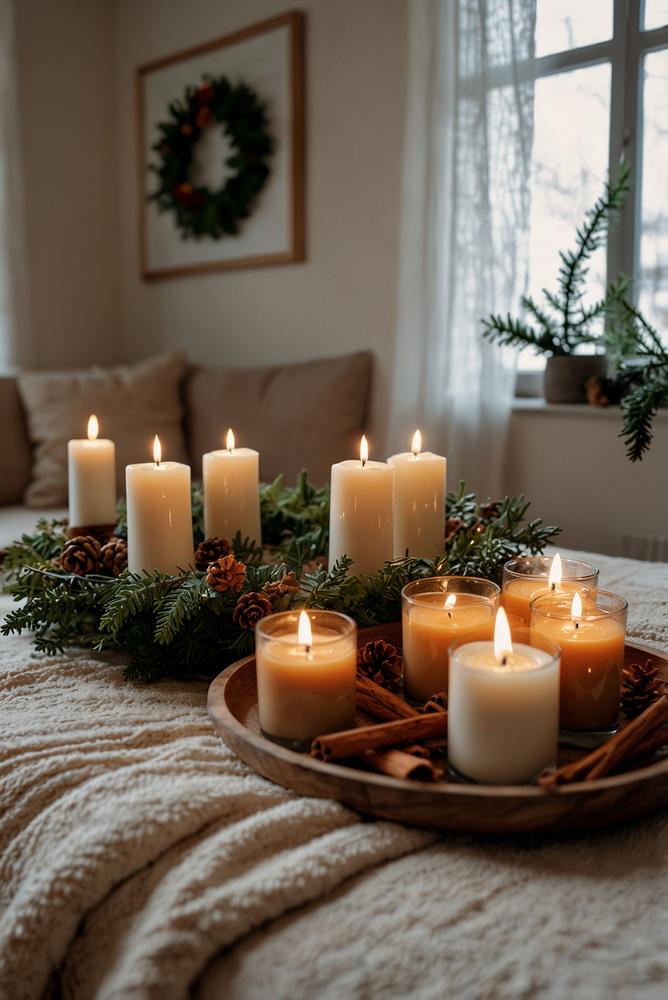 Hygge Adventkranz mit Tannengrün und Kerzen, hell und einladend