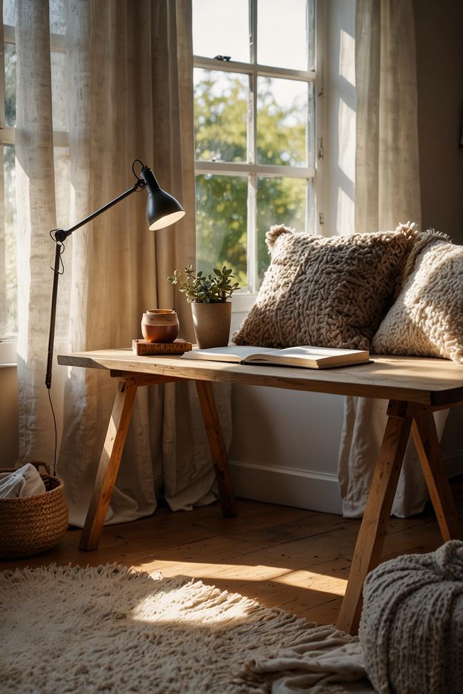 Hygge Arbeitsbereich mit warmweißer Lampe und Textilien