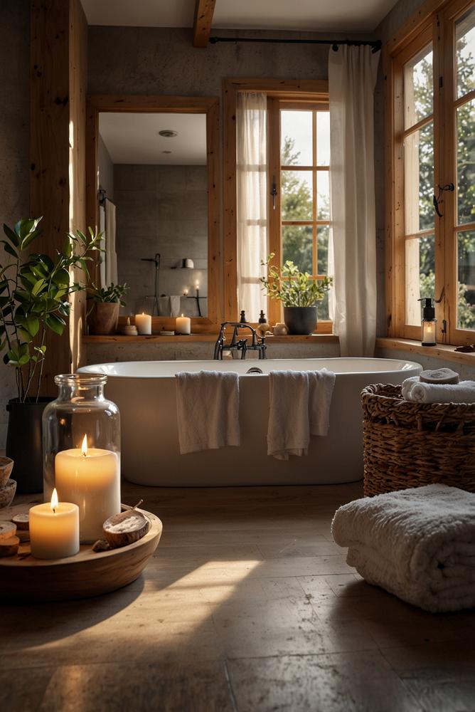 Helles Hygge-Badezimmer mit Badesalz und Kerzenlicht