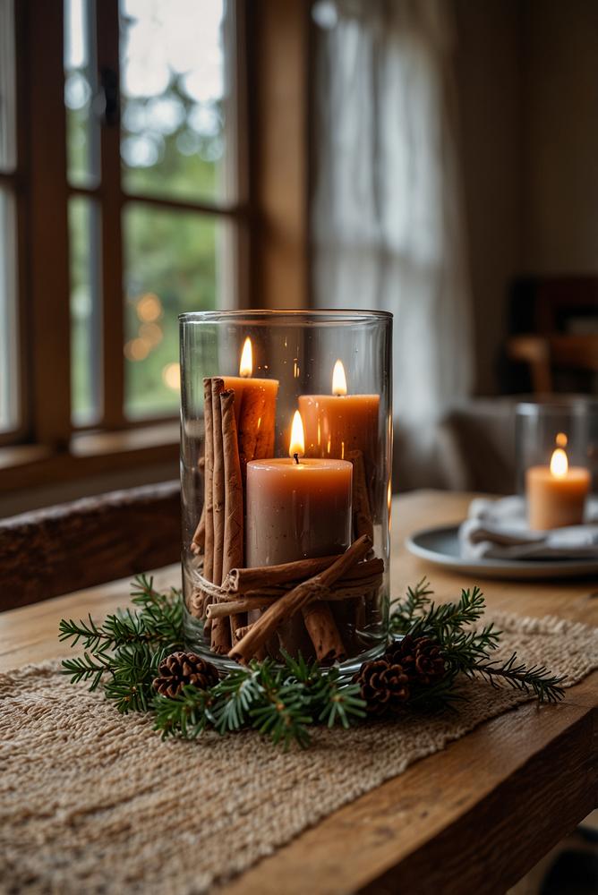 Heller Hygge-Essplatz mit Kerzen und Naturlaeufer