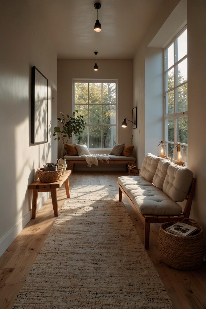 Hygge-Flur mit Wollteppich, Sitzbank und warmem Licht