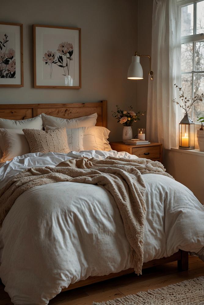 Hygge Schlafzimmer mit flauschiger Bettwäsche und Lichterketten