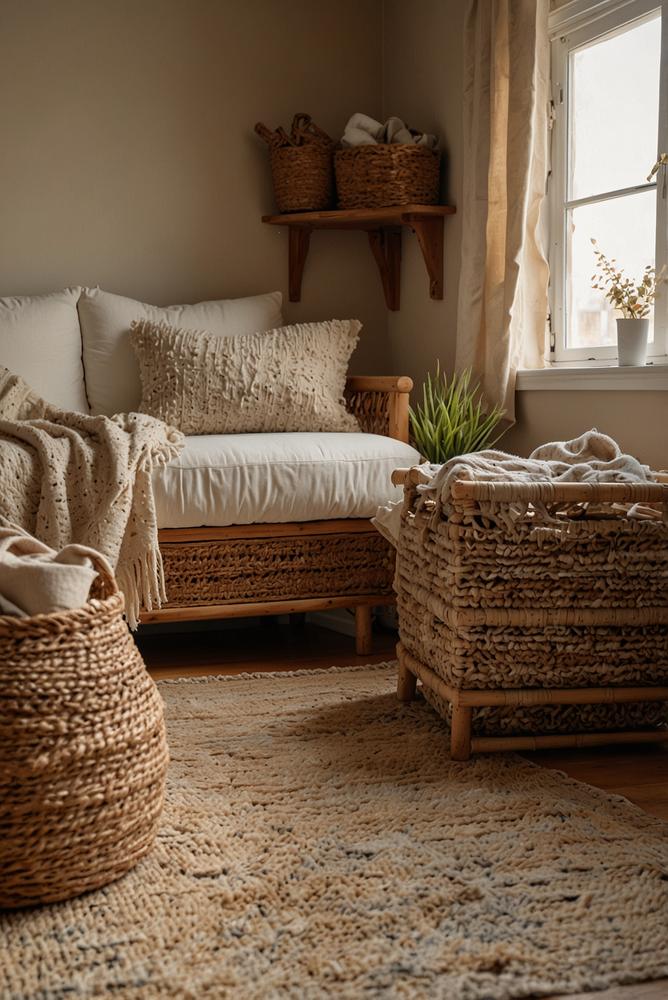 Helle Hygge-Spiel- und Kuschelecke mit Aufbewahrungskörben