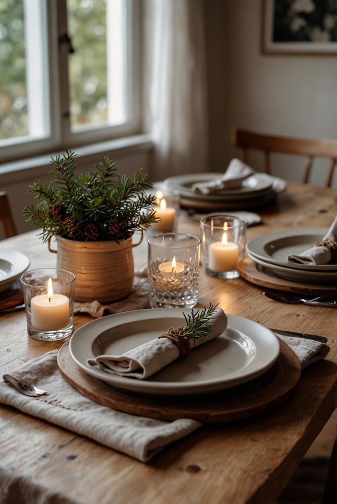 Helle winterliche Hygge-Tischdeko mit Tannenzweigen und Keramik