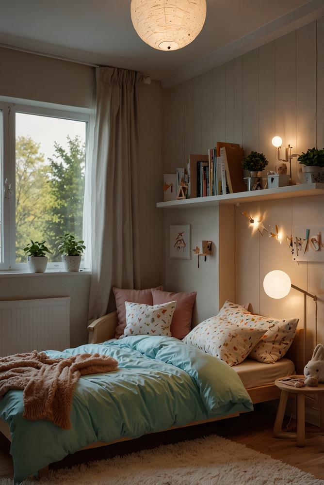 Helles Kinderzimmer mit Leseleuchten und Nachtlichtern