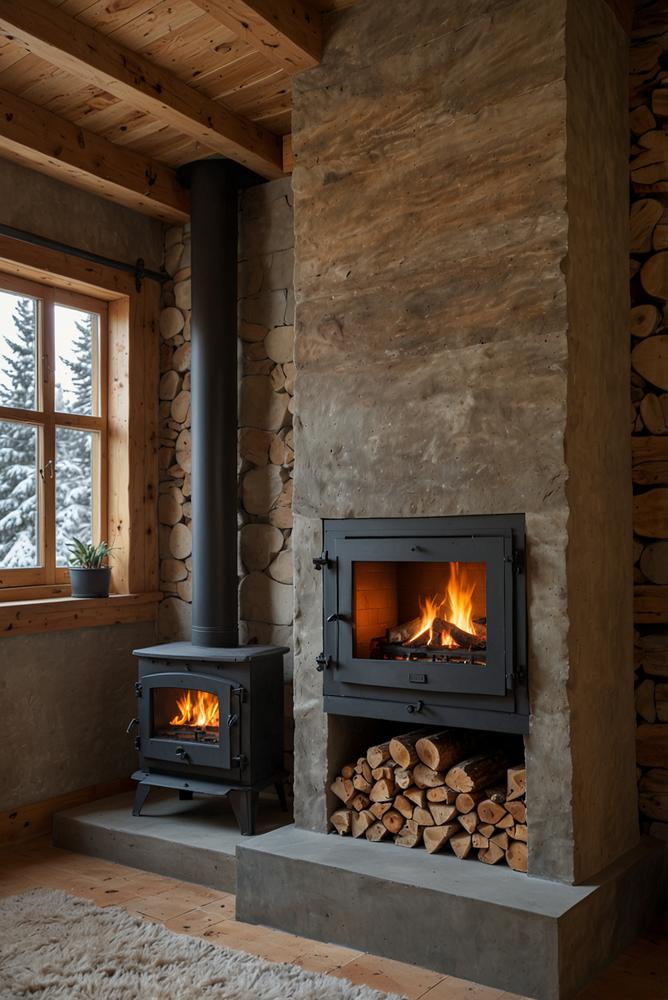 Rustikaler Kachelofen mit Holzlager in Berghuette