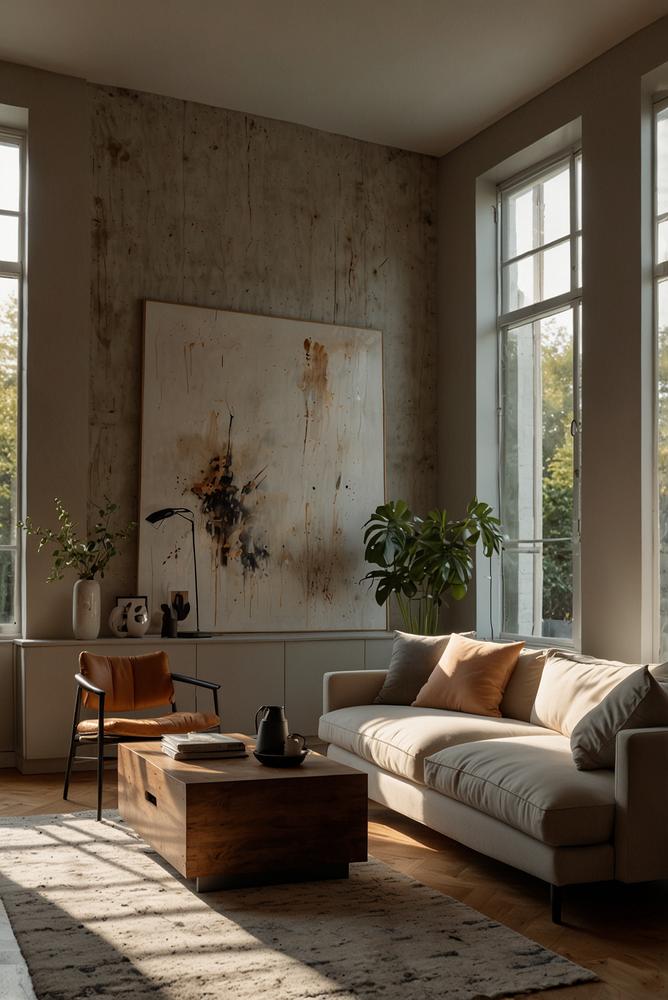 Helles Wohnzimmer mit warm gestalteten Wänden im Winter