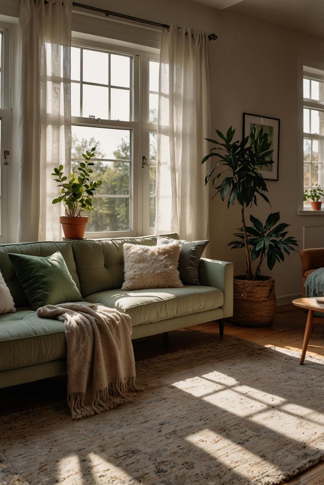 Helles Wohnzimmer mit warmer Wanddekoration im Winter