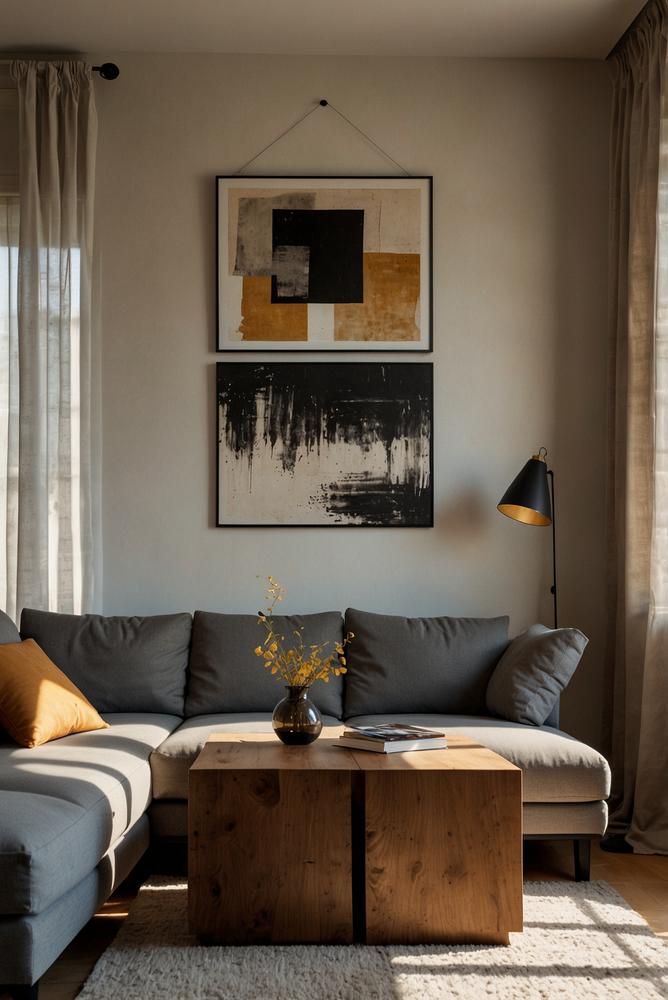 Warm dekoriertes Wohnzimmer mit hellen Wänden im Winter