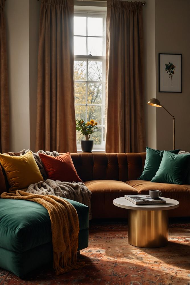 Gemütliche Dekokissen und Plaids in warmen Farben im Wohnzimmer