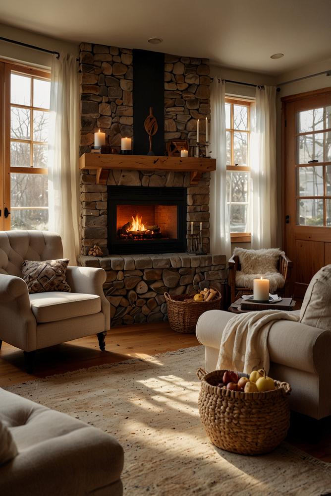 Helle Kamin-Ecke mit Holz, Kerzen und flauschigen Plaids