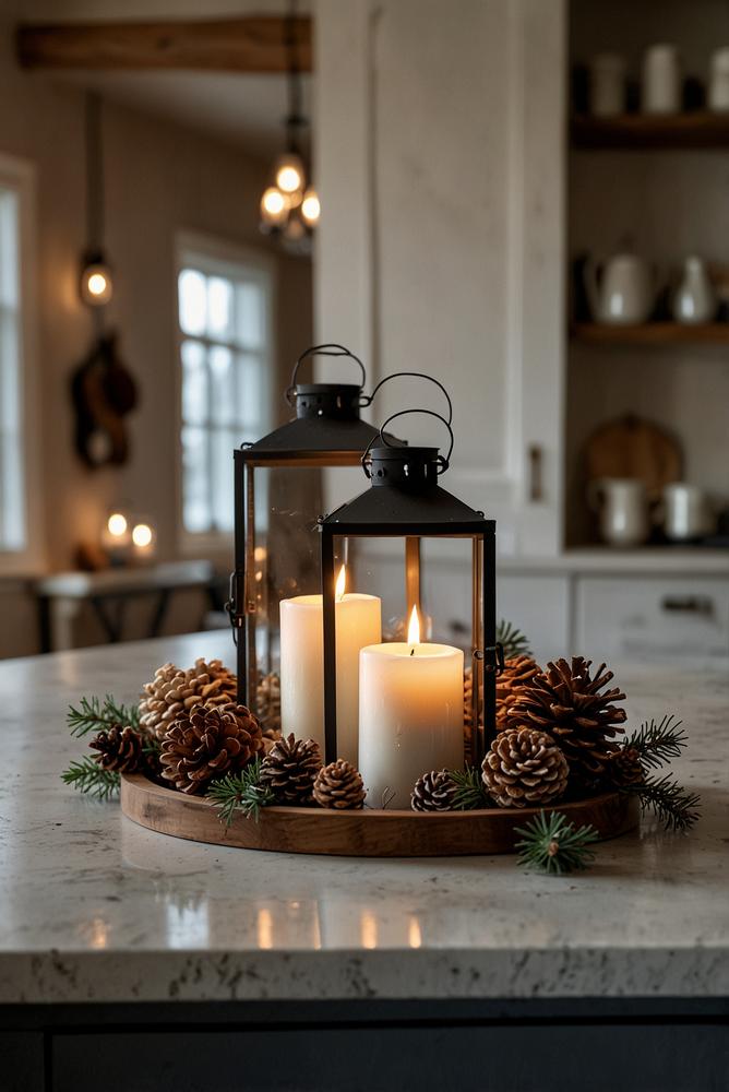 Gemütliches Winter-Kerzenarrangement in heller Küche