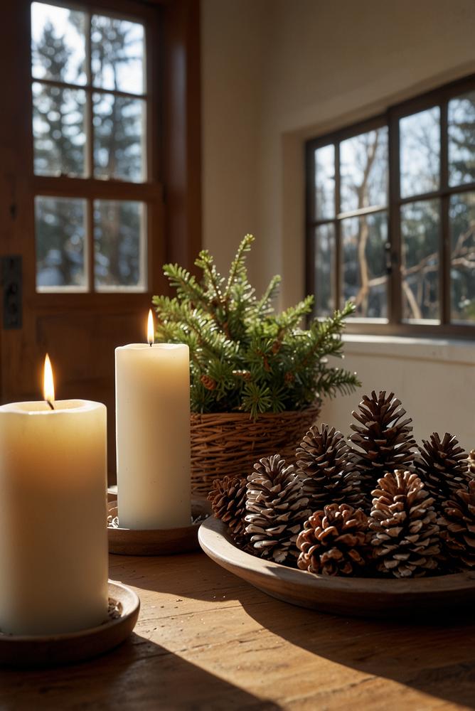 Kerzen-Tablett mit winterlicher Deko neben Haustür