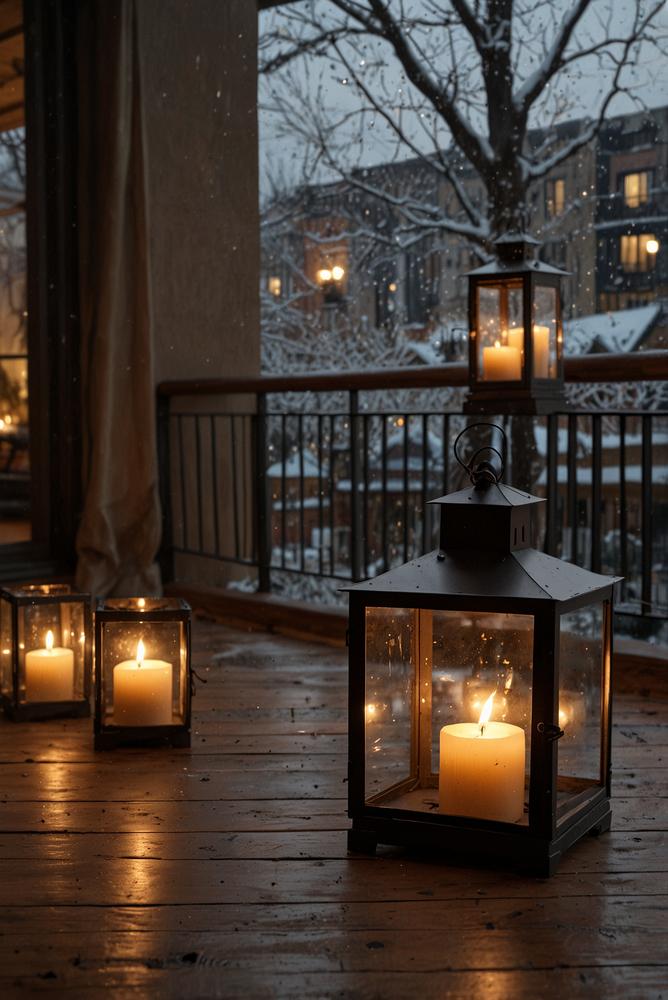 Kerzen in Windlichtern auf winterlichem Balkon in hellem Tageslicht