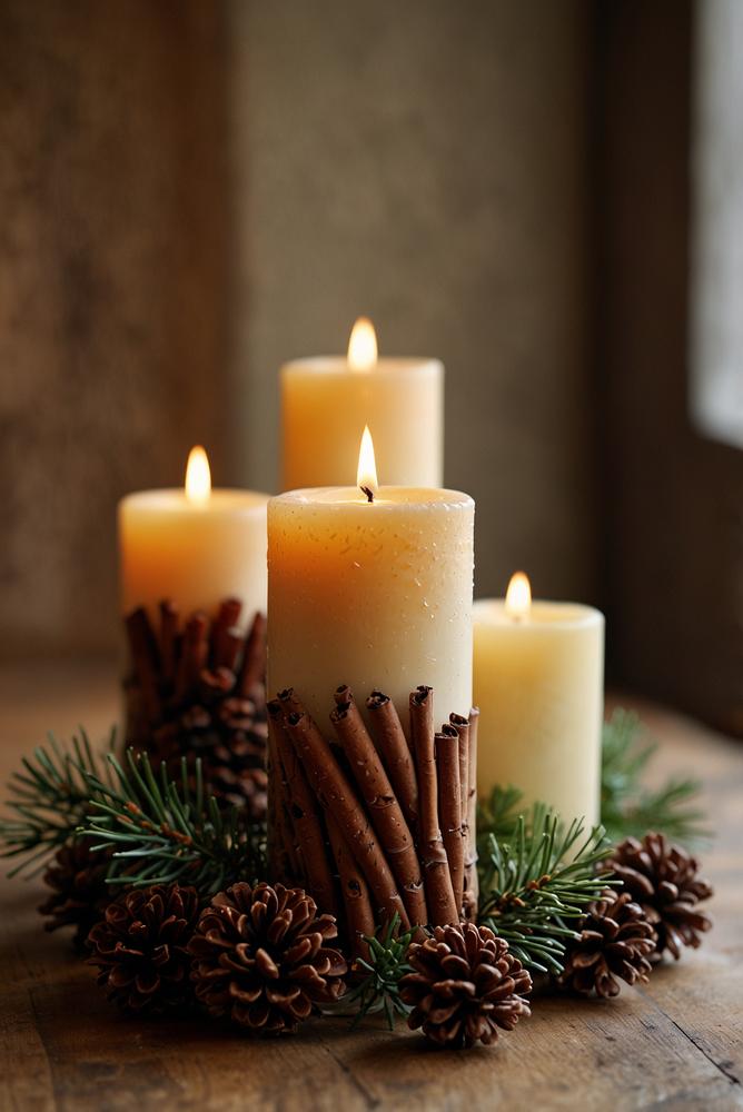 Helles Kerzenarrangement mit Zimtstangen als Dekoration