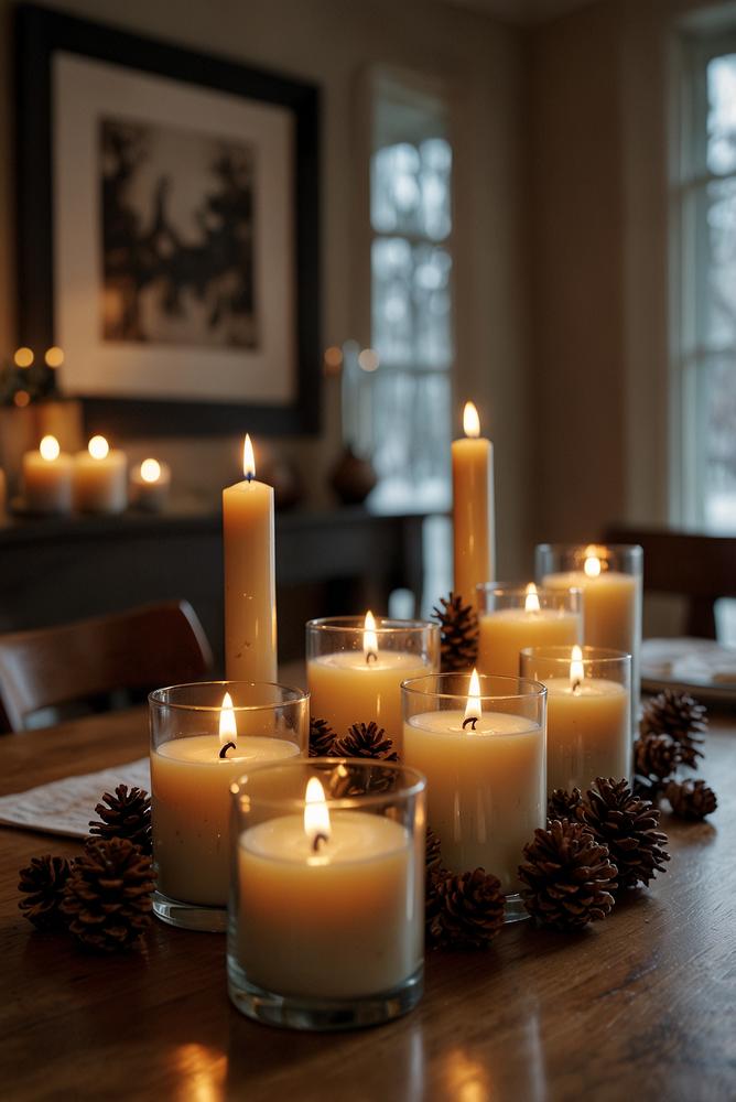 Kerzenmeer auf winterlichem Esstisch mit natürlicher Dekoration