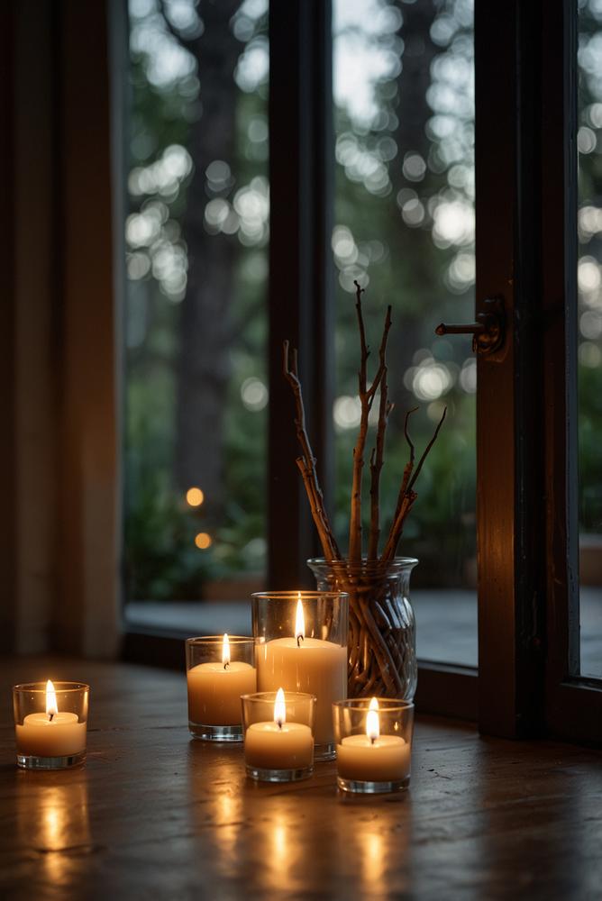 Helles Wohnzimmer mit gepflegten Kerzen und warmem Licht